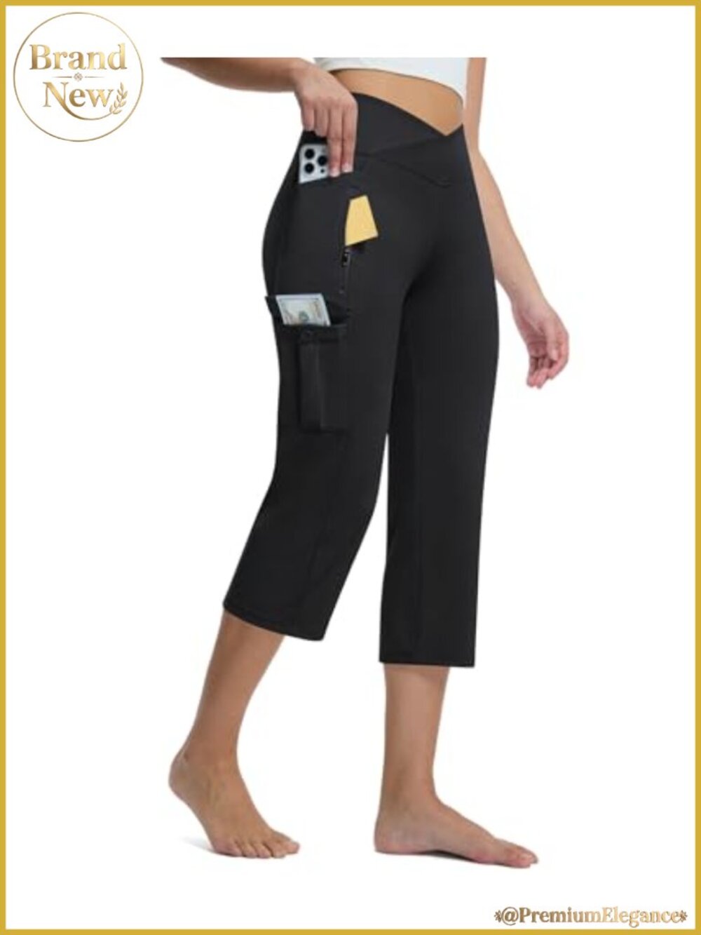 High Waist Cargo Capri Leggings with Pockets 21" Yoga Pants